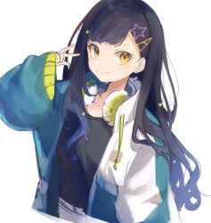 Rule 34 | 1girl, black hair, black shirt, blue hair, blue jacket, blush, closed mouth, collarbone, collared jacket, drawstring, earrings, gradient hair, hair ornament, hairclip, hand up, headphones, headphones around neck, jacket, jewelry, long hair, long sleeves, looking at viewer, multicolored clothes, multicolored hair, multicolored jacket, nuko 0108, open clothes, open jacket, orange eyes, project sekai, shiraishi an, shirt, sidelocks, simple background, smile, solo, star (symbol), star earrings, star hair ornament, swept bangs, two-tone jacket, upper body, v, white background, white jacket