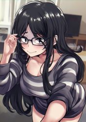 Rule 34 | absurdres, adjusting eyewear, bags under eyes, black hair, blurry, blush, breasts, commentary request, couch, cowboy shot, curtains, depth of field, freckles, glasses, highres, indoors, large breasts, long hair, looking at viewer, original, outstretched arm, reaching, reaching towards viewer, selfie, shashaki, shelf, shirt, sidelocks, striped clothes, striped shirt, television