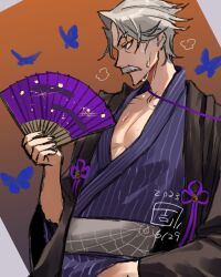 Rule 34 | 1boy, bug, butterfly, dated, facial hair, fate/grand order, fate (series), flower knot, grey hair, hand fan, highres, holding, holding fan, insect, james moriarty (archer) (fate), japanese clothes, kimono, male focus, mlyoshikawa, mustache, official alternate costume, old, old man, profile, purple kimono, short hair, solo, sweatdrop, upper body