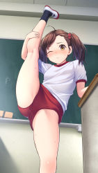 Rule 34 | 1girl, absurdres, blush, breasts, brown eyes, brown hair, buruma, chalkboard, classroom, commentary request, desk, flexible, gym uniform, hair ornament, highres, indoors, leg lift, leg up, looking at viewer, one eye closed, one side up, original, shirt, shoes, side ponytail, small breasts, solo, split, standing, standing on one leg, standing split, stretching, sweat, tenkuu nozora, white shirt