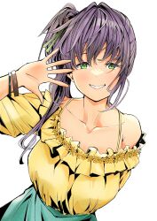 Rule 34 | 1girl, absurdres, bare shoulders, bracelet, collarbone, green eyes, green skirt, grin, hair ornament, hand up, highres, jewelry, link! like! love live!, lips, looking at viewer, love live!, off-shoulder shirt, off shoulder, otomune kozue, purple hair, shirt, side ponytail, simple background, skirt, smile, solo, strap, tommer, upper body, white background, yellow shirt