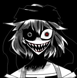 Rule 34 | 1other, androgynous, arde (len&#039;en), black background, commentary request, evil smile, hair between eyes, horror (theme), kuzu suzumi, len&#039;en, looking at viewer, no nose, open mouth, other focus, portrait, purio (zuga-n), screentones, sharp teeth, short hair, simple background, smile, solo, spot color, teeth, wide-eyed