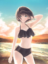 Rule 34 | 1girl, absurdres, beach, bikini, black bikini, blue eyes, blue sky, breasts, brown hair, cleavage, collarbone, contrapposto, cowboy shot, floating hair, hair between eyes, hand in own hair, highres, long hair, looking at viewer, navel, original, outdoors, parted lips, sky, small breasts, solo, standing, straight hair, swimsuit, youngsok