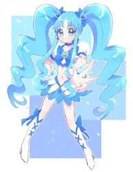 Rule 34 | 1girl, blue background, blue choker, blue eyes, blue hair, boots, brooch, choker, cosplay, cure marine, cure sunshine, cure sunshine (cosplay), earrings, heart, heart brooch, heartcatch precure!, highres, jewelry, knee boots, kurumi erika, long hair, looking at viewer, magical girl, midriff, navel, precure, rii (rii0 02), skirt, smile, solo, twintails, v, white background