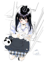 Rule 34 | 1girl, absurdres, bag, bag charm, black hair, blue shirt, blush, breasts, cellphone, charm (object), cleavage, closed mouth, dated, closed eyes, fingernails, from above, geshumaro, highres, holding, holding phone, long hair, miniskirt, original, phone, pleated skirt, school bag, school uniform, shirt, short sleeves, signature, sitting, skirt, smartphone, smile, solo, unmoving pattern