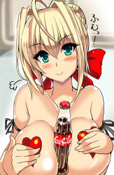 Rule 34 | 10s, 1girl, :&gt;, ahoge, blonde hair, breasts, cleavage, coca-cola, fate/extra, fate (series), female focus, green eyes, hair intakes, hair ribbon, heart pasties, large breasts, nero claudius (fate), nero claudius (fate), nero claudius (fate/extra), pasties, ribbon, sexually suggestive, solo, yasakani an