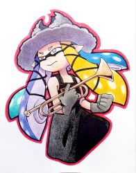 Rule 34 | 1girl, aqua hair, black dress, blonde hair, blue hair, clenched hand, co ma tsu na, cropped torso, dress, gloves, grey eyes, grey gloves, grey headwear, highres, holding trumpet, inkling, instrument, nintendo, outline, pointy ears, purple hair, red outline, simple background, solo, splatoon (series), splatoon 3, suction cups, tentacle hair, trumpet, white background, yoko (splatoon)