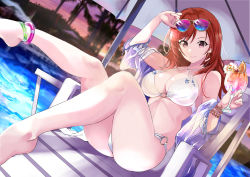 Rule 34 | 1girl, anklet, arisugawa natsuha, ball, beach chair, beachball, bikini, bracelet, breasts, cleavage, cocktail, cocktail glass, commentary request, cup, drink, drinking glass, earrings, evening, eyewear on head, hair between eyes, idolmaster, idolmaster shiny colors, jewelry, large breasts, long hair, looking at viewer, o-ring, o-ring bikini, off shoulder, outdoors, palm tree, reclining, red hair, solo, sunglasses, sunset, swimsuit, tree, water, white bikini, wine glass, yuu (asaiyuji)