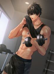 Rule 34 | 1boy, abs, barbell, bare shoulders, biceps, black hair, black shirt, black shorts, black tank top, blue eyes, chain, chain necklace, clothes lift, collarbone, commentary, cowboy shot, crossed bangs, dog tags, dumbbell, dutch angle, english commentary, exercising, gold necklace, hair between eyes, highres, holding, indie virtual youtuber, indoors, jae (vtuber), jewelry, lifting own clothes, looking at viewer, male focus, muscular, muscular male, navel, necklace, okii (oh ki ik), open mouth, pectorals, second-party source, shirt, shirt lift, short hair, short shorts, shorts, sleeveless, sleeveless shirt, solo, standing, stomach, tank top, treadmill, v-shaped eyebrows, virtual youtuber, weight rack, weightlifting, weights, window, wiping sweat