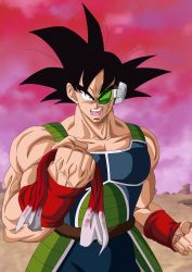 Rule 34 | 1boy, armor, bandana, bardock, bare shoulders, biceps, dragon ball, dragonball z, headband, highres, looking at viewer, male focus, mocky art, monkey tail, muscular, muscular male, saiyan, saiyan armor, scar, scar on face, scouter, screaming, solo, solo focus, tail, wristband