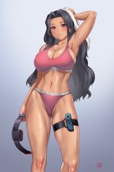 Rule 34 | 1girl, abs, arm up, armpits, black hair, blush, bra, brand name imitation, breasts, cleavage, collarbone, controller, dark-skinned female, dark skin, finalcake, game controller, gradient background, hair intakes, highres, large breasts, long hair, mole, mole on breast, mole under eye, navel, nijisanji, nijisanji en, panties, red bra, red eyes, red panties, ring fit adventure, scarle yonaguni, signature, simple background, skindentation, solo, sports bra, stomach, sweat, thigh strap, thighs, towel, towel on head, underwear, underwear only, virtual youtuber
