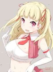 Rule 34 | blonde hair, blunt bangs, blush, breasts, cleavage, commentary request, crop top, elbow gloves, fang, gloves, grey background, hair ornament, kichihachi, large breasts, long hair, microphone, midriff, navel, necktie, open mouth, purple eyes, red necktie, simple background, solo, sweat, tokyo 7th sisters, twintails, uesugi u. kyouko, upper body, white gloves