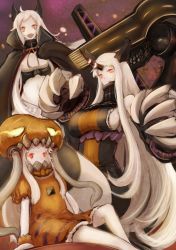 Rule 34 | 3girls, :d, abyssal ship, airfield princess, alternate costume, cape, claws, colored skin, commentary request, detached sleeves, fang, halloween, headgear, horns, jack-o&#039;-lantern, kantai collection, long hair, looking at viewer, machinery, mittens, multiple girls, northern ocean princess, open mouth, orange eyes, red eyes, seaport princess, sela chimorpha, single horn, sitting, smile, tentacles, white hair, white skin, wo-class aircraft carrier