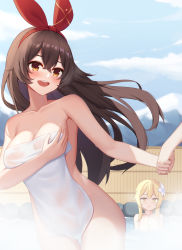 Rule 34 | 2girls, :d, :o, absurdres, amber (genshin impact), bare arms, bare shoulders, bath, blonde hair, blue sky, breasts, brown hair, cleavage, cloud, covering privates, flower, genshin impact, hair flower, hair ornament, hairband, highres, holding hands, kirisame koiiro, long hair, lumine (genshin impact), medium breasts, multiple girls, naked towel, nude cover, onsen, open mouth, partially submerged, red hairband, sky, smile, steam, towel, yellow eyes