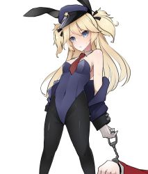 Rule 34 | 1girl, absurdres, animal ears, black pantyhose, blonde hair, blue eyes, blue headwear, blue leotard, breasts, detached collar, fake animal ears, girls&#039; frontline, handcuff dangle, hat, highres, leotard, long hair, necktie, pantyhose, playboy bunny, police hat, rabbit ears, red neckwear, small breasts, solo focus, strapless, strapless leotard, super-shorty (girls&#039; frontline), two side up, yanagui