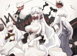 Rule 34 | 3girls, abyssal ship, aircraft, aircraft carrier princess, airplane, breasts, colored skin, dress, hair between eyes, kantai collection, large breasts, long dress, long hair, looking at viewer, midway princess, mittens, multiple girls, neckerchief, northern ocean princess, red eyes, sailor collar, sailor dress, sela chimorpha, small breasts, turret, weapon, white hair, white mittens, white skin, yellow eyes