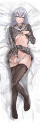 Rule 34 | 1girl, absurdres, bed sheet, black sailor collar, black serafuku, black shirt, black skirt, black thighhighs, blue hair, blush, breasts, closed mouth, clothes pull, commentary, dot nose, from above, full body, hair between eyes, highres, idolmaster, idolmaster shiny colors, idolmaster shiny colors song for prism, kitaugetu, knee up, long hair, long sleeves, looking at viewer, lying, medium breasts, midriff, neckerchief, no bra, on back, on bed, panties, panty pull, pleated skirt, purple eyes, sailor collar, school uniform, serafuku, shirt, shirt pull, skirt, smile, solo, suzuki hana, thighhighs, underboob, underwear, white neckerchief, white panties
