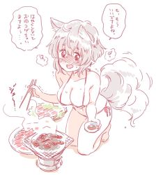 Rule 34 | 1girl, animal ears, barefoot, bikini, blush, breasts, chopsticks, cleavage, cooking, female focus, food, from above, full body, grill, grilling, inubashiri momiji, kneeling, large breasts, meat, mitsumoto jouji, monochrome, red eyes, shichirin, silver hair, simple background, solo, swimsuit, tail, tail wagging, touhou, translation request, trembling, white background, wolf ears, wolf tail