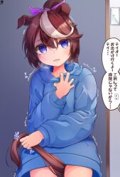 Rule 34 | 1girl, absurdres, animal ears, between legs, blue hoodie, breath, brown hair, clenched hand, cowboy shot, ears down, hand up, hibiki (zerocodo), high ponytail, highres, holding own tail, hood, hood down, hoodie, horse ears, horse girl, horse tail, indoors, long hair, looking at viewer, multicolored hair, parted lips, ptsd, scared, solo, speech bubble, standing, streaked hair, swept bangs, tail, tail between legs, tears, tokai teio (umamusume), translated, traumatized, trembling, two-tone hair, umamusume, white hair