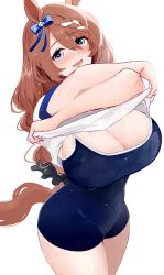 Rule 34 | 1girl, absurdres, animal ears, aya02ka, blue eyes, blue one-piece swimsuit, blush, braid, breasts, brown hair, cleavage, clothes lift, hair between eyes, hair ornament, hair ribbon, highres, horse ears, horse girl, horse tail, huge breasts, large breasts, looking at viewer, lower teeth only, one-piece swimsuit, open mouth, ribbon, shirt, shirt lift, single braid, smile, solo, standing, super creek (umamusume), swimsuit, tail, teeth, umamusume, wet, white background, white shirt