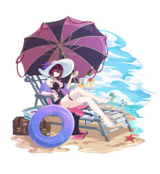 Rule 34 | 2girls, absurdres, bare legs, bare shoulders, barefoot, beach, beach chair, beach umbrella, black one-piece swimsuit, breasts, bupa chila, cleavage, cocktail glass, covered navel, crossed legs, cup, detached collar, drinking glass, eyewear on head, feet, full body, genshin impact, glasses, hat, highres, holding, honkai: star rail, honkai (series), innertube, kafka (honkai: star rail), large breasts, long hair, looking at viewer, multiple girls, off shoulder, one-piece swimsuit, pince-nez, pink eyes, purple hair, round eyewear, shawl, sideless outfit, sitting, skindentation, solo focus, suitcase, sun hat, sunglasses, swim ring, swimsuit, thigh strap, thighs, toes, umbrella, white headwear, yelan (genshin impact)
