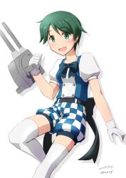 Rule 34 | 1girl, adapted turret, alternate costume, checkered shorts, commentary request, feet out of frame, gloves, green eyes, green hair, kantai collection, looking at viewer, mogami (kancolle), nao (nao eg), puffy sleeves, short hair, short sleeves, shorts, simple background, smile, solo, swept bangs, thighhighs, white background, white gloves, white thighhighs