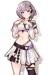 Rule 34 | 1girl, black thighhighs, bow, braid, commentary, cowboy shot, crop top, english commentary, grey eyes, grey hair, hair bow, highres, hololive, hololive indonesia, layered skirt, linea alba, long sleeves, looking at viewer, ma draws, midriff, navel, pleated skirt, shadow, short hair, simple background, single thighhigh, skirt, smile, solo, steepled fingers, thighhighs, vestia zeta, virtual youtuber, white background, white skirt