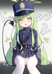 Rule 34 | 1girl, absurdres, belt, black belt, black hat, black jacket, black skirt, black tail, blue archive, blush, bongnom, buttons, demon tail, double-breasted, earrings, feet out of frame, green hair, green halo, halo, hat, hikari (blue archive), highres, jacket, jewelry, long hair, long sleeves, looking at viewer, open mouth, pantyhose, peaked cap, pleated skirt, pointy ears, sidelocks, single earring, sitting, skirt, solo, tail, white pantyhose, yellow eyes
