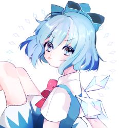 Rule 34 | 1girl, blue dress, blue eyes, blue hair, bow, cirno, dress, eyes visible through hair, from behind, hair bow, highres, ice, ice wings, knees up, komachi (pixiv), looking at viewer, looking back, red bow, short hair, short sleeves, solo, tongue, tongue out, touhou, white background, wings