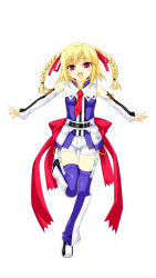 Rule 34 | 1girl, beatmania, beatmania iidx, belt, blonde hair, braid, breasts, full body, hair ribbon, highres, kinoshita ichi, leg up, necktie, open mouth, red eyes, red necktie, ribbon, shorts, simple background, sleeveless, small breasts, smile, solo, thighhighs, twin braids, white background, xiatian (beatmania iidx)