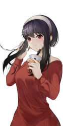 Rule 34 | 1girl, absurdres, black hair, breasts, bubble tea, closed mouth, cup, disposable cup, drink, drinking straw, duckntea, earrings, gold earrings, hairband, hand up, highres, holding, holding cup, holding drink, jewelry, light blush, light smile, long hair, looking at viewer, off-shoulder sweater, off shoulder, red eyes, red sweater, sidelocks, simple background, smile, solo, spy x family, sweater, swept bangs, upper body, white background, white hairband, yor briar