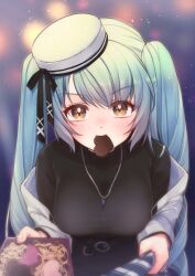 Rule 34 | 1girl, black shirt, black skirt, black thighhighs, blue hair, blush, breasts, casual, chami (charming621), chocolate, closed mouth, drill hair, embarrassed, feet out of frame, food, food in mouth, from side, goddess of victory: nikke, hat, highres, hood, hooded jacket, incoming food, jacket, light blue hair, long hair, long sleeves, looking at viewer, medium breasts, miniskirt, official alternate costume, open clothes, open jacket, privaty (government grunt) (nikke), privaty (nikke), sailor hat, shirt, shirt tucked in, simple background, skirt, solo, tented shirt, thighhighs, twin drills, twintails, unzipped, very long hair, white hat, white jacket, yellow eyes