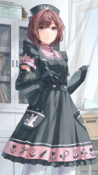 Rule 34 | 1girl, black gloves, brown hair, elbow gloves, gloves, hair ornament, hairclip, highres, higuchi madoka, holding, holding pen, idolmaster, idolmaster shiny colors, indoors, looking at viewer, mole, mole under eye, notepad, official alternate costume, paper, pen, puchisakigake, purple eyes, solo, thighhighs, white thighhighs