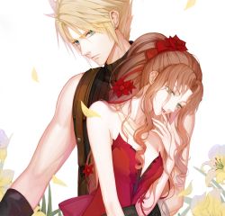 Rule 34 | 1boy, 1girl, absurdres, aerith gainsborough, aerith gainsborough (red dress), aqua eyes, arm around waist, bare arms, blonde hair, breasts, cleavage, cloud strife, dress, falling petals, final fantasy, final fantasy vii, final fantasy vii remake, flamenco dress, flower, gloves, green eyes, hair between eyes, hair flower, hair ornament, hair ribbon, hand to own mouth, highres, long hair, medium breasts, multiple necklaces, official alternate costume, parted bangs, parted lips, petals, ponytail, red dress, red flower, red ribbon, ribbon, ringlets, short hair, sidelocks, sleeveless, sleeveless turtleneck, smile, spiked hair, square enix, strapless, strapless dress, suspenders, turtleneck, upper body, wall market, wavy hair, white background, yaoko, yellow flower