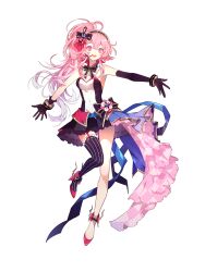 Rule 34 | 1girl, absurdres, bare shoulders, frilled skirt, frills, gloves, hair ribbon, hen-tie, high heels, highres, idol (quantum protocol), looking at viewer, neck ribbon, non-web source, official art, pink eyes, pink hair, quantum protocol, ribbon, side ponytail, skirt, sleeveless, thighhighs, thighs, transparent background
