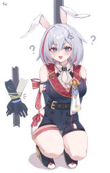 Rule 34 | 1girl, :d, ?, absurdres, animal ears, arms behind back, bare shoulders, belt, black belt, black footwear, blue eyes, blush, bound, bound wrists, breasts, cleavage, fake animal ears, grey hair, highres, honkai: star rail, honkai (series), large breasts, looking at viewer, open mouth, pole, rabbit ears, rope, short hair, sia233333, simple background, smile, solo, squatting, thighs, topaz (honkai: star rail), white background