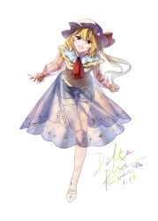 Rule 34 | 1girl, alternate costume, blonde hair, bow, collar, dated, delta phi, dress, fangs, flandre scarlet, floating hair, hat, hat bow, knee up, long sleeves, looking at viewer, mob cap, necktie, no wings, one side up, open mouth, see-through, short hair, shorts under dress, signature, solo, standing, standing on one leg, star (symbol), star print, touhou, wavy hair, white background, yellow eyes