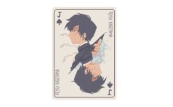 Rule 34 | 1boy, angry, black hair, card, card (medium), character name, closed mouth, commentary, english commentary, from side, gakuran, kageyama ritsu, male focus, mob psycho 100, mp100days, playing card, profile, school uniform, short hair, simple background, spade (shape), white background