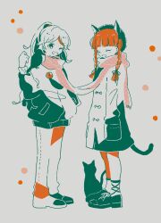 Rule 34 | 2girls, animal, animal ears, animal on shoulder, beret, bird, bird on shoulder, black bird, black cat, black footwear, blunt bangs, blush, bow, braid, cat, cat ears, cat tail, closed eyes, coat, extra ears, footwear bow, hands in pockets, hat, highres, kaenbyou rin, leg ribbon, limited palette, long hair, multiple girls, nig 18, one eye closed, open mouth, ponytail, red hair, reiuji utsuho, ribbon, scarf, shared clothes, shared scarf, silhouette, simple background, smile, tail, third eye, touhou, twin braids