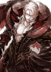 Rule 34 | 1boy, bare pectorals, black-framed eyewear, black coat, blonde hair, cape, coat, collarbone, commentary, cowboy shot, facial hair, fangs, final fantasy, final fantasy xiv, fur-trimmed coat, fur trim, glasses, hesperos, long hair, looking to the side, male focus, open mouth, pectorals, pointy ears, solo, stubble, torn cape, torn clothes, torn coat, uroko (mnr), white background, yellow eyes