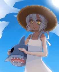 Rule 34 | 1girl, alternate hairstyle, animal, bare shoulders, cloud, day, disc (needless), dress, hat, headphones, highres, looking at viewer, needless, non-web source, shark, short hair, silver hair, sky, smile, solo, sun hat, sunglasses, sunimu, white dress, yellow eyes