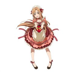 Rule 34 | 10s, 1girl, :d, ankle ribbon, apron, asuna (sao), blush, bow, breasts, brown eyes, brown hair, cleavage, collarbone, dress, floating hair, frilled dress, frills, full body, gift bag, hair bow, hair ribbon, heart, incoming gift, leg ribbon, long hair, looking at viewer, maid headdress, medium breasts, open mouth, petticoat, pigeon-toed, red ribbon, ribbon, short dress, simple background, smile, solo, standing, striped ribbon, sword art online, very long hair, white background