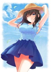 Rule 34 | 10s, 1girl, azuki yui, black hair, blue dress, blue eyes, blue shirt, blush, border, breasts, cloud, cloudy sky, commentary request, day, dress, frilled shirt, frills, hair between eyes, hands up, hat, holding, holding clothes, holding hat, idolmaster, idolmaster cinderella girls, idolmaster cinderella girls starlight stage, jewelry, large breasts, long hair, necklace, one eye closed, outdoors, outside border, parted lips, rounded corners, sagisawa fumika, shirt, short sleeves, sky, solo, thighs, white border, wind, wind lift