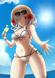 Rule 34 | 1girl, :d, absurdres, alternate costume, armpit peek, bare shoulders, beckoning, bikini, blue sky, blush, breasts, carolrin, cleavage, cup, day, drinking glass, eyewear on head, flower, front-tie top, girls&#039; frontline, gluteal fold, grey hair, hair flower, hair ornament, hair ribbon, hat, highres, holding, holding cup, holding drinking glass, large breasts, long hair, looking at viewer, navel, one eye closed, open mouth, outdoors, parted lips, partially submerged, red eyes, ribbon, side-tie bikini bottom, skindentation, sky, smile, solo, spas-12 (girls&#039; frontline), stomach, sun hat, sunglasses, swimsuit, thighs, tropical drink, twintails, wading, white bikini