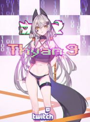 Rule 34 | 1girl, animal ears, black panties, character name, chromatic aberration, chyan, contrapposto, crop top, fingerless gloves, fox ears, fox tail, gloves, grey gloves, grey hair, hair ornament, hairclip, hand up, highres, leg belt, long hair, looking at viewer, low-tied long hair, navel, original, panties, smile, solo, standing, tail, thyan 9, twitch.tv, underwear, yellow eyes