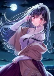 Rule 34 | 1girl, amagi shino, black hair, blush, breasts, brown scarf, earrings, from side, full moon, hand up, highres, jewelry, large breasts, long hair, long sleeves, looking at viewer, moon, night, night sky, ocean, original, outdoors, red eyes, scarf, shirt, sky, smile, solo, sweater, white shirt, white sweater