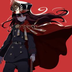 Rule 34 | 1girl, bad id, bad pixiv id, belt, black hair, black headwear, black jacket, black pants, breasts, buttons, cape, chain, crest, family crest, fate/grand order, fate (series), gloves, grin, hat, jacket, katana, kodamari, koha-ace, long hair, long sleeves, looking at viewer, medallion, oda nobunaga (fate), oda nobunaga (koha-ace), oda uri, pants, peaked cap, red background, red cape, red eyes, simple background, small breasts, smile, sword, weapon, white gloves, wind, wind lift