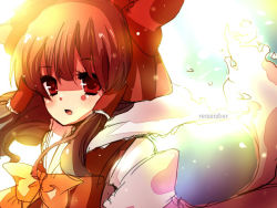 Rule 34 | 1girl, :o, bad id, bad pixiv id, bow, bowtie, brown hair, detached sleeves, english text, female focus, hair tubes, hakurei reimu, karunabaru, long sleeves, looking at viewer, open mouth, red eyes, solo, touhou, vest, yellow bow, yellow bowtie