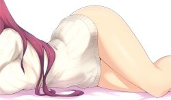 Rule 34 | 1girl, breasts, fate/grand order, fate (series), halcon, head out of frame, hip focus, large breasts, long hair, lying, naked sweater, on stomach, purple hair, ribbed sweater, scathach (fate), shiny skin, simple background, solo, sweater, thighhighs, thighs, turtleneck, turtleneck sweater, white background, wide hips