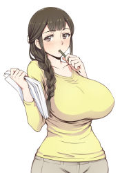 Rule 34 | 10s, 1girl, black hair, blush, braid, breasts, brown eyes, brown hair, huge breasts, impossible clothes, impossible shirt, large breasts, long hair, looking at viewer, paper, pas (paxiti), pencil, segawa misato, shirobako, shirt, simple background, single braid, solo, standing, white background